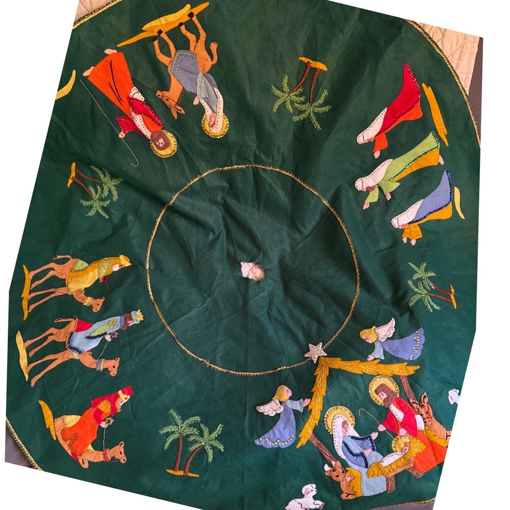 Vtg Bucilla Tree Skirt Nativity Sequin Beaded Felt Christmas Handmade Completed